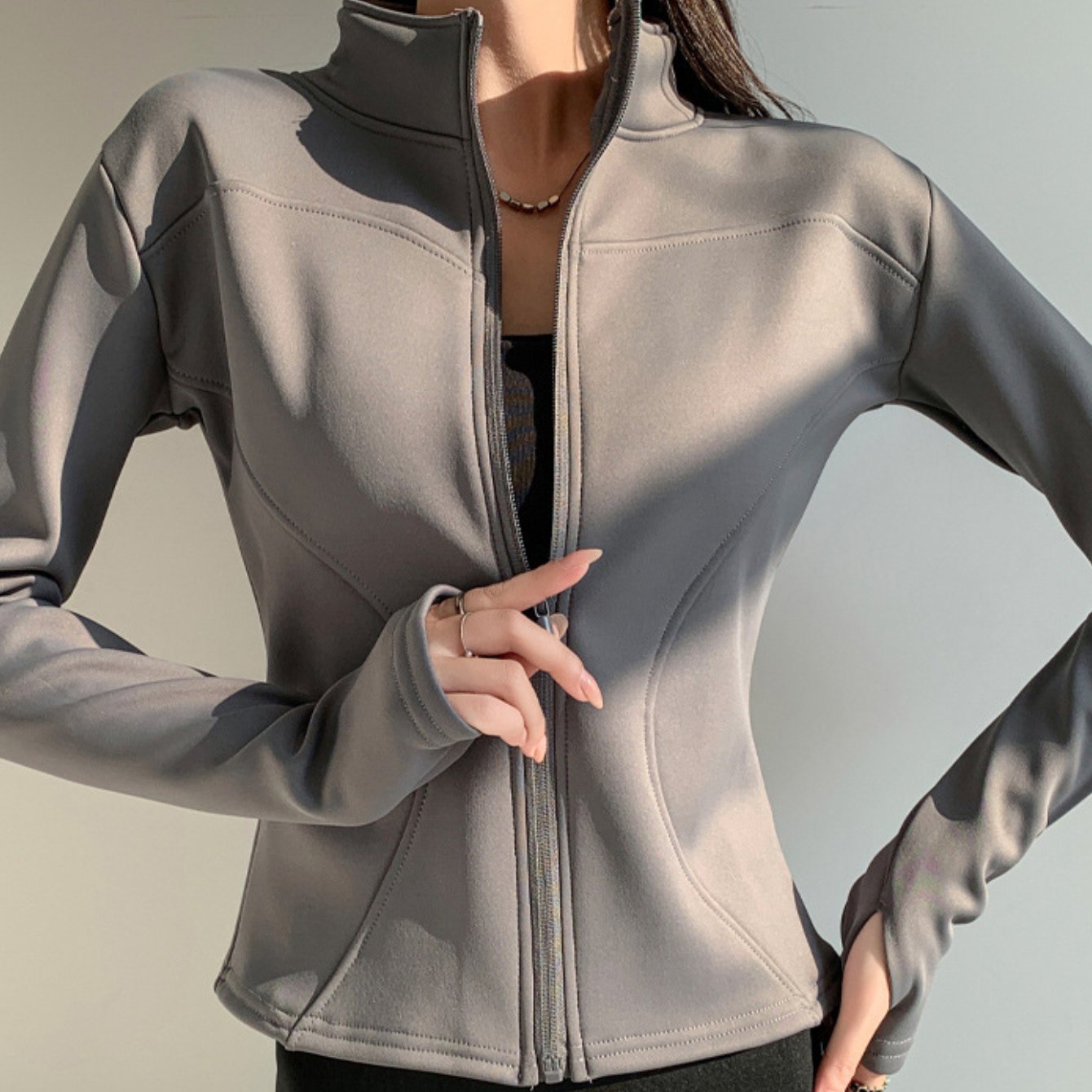 Women'S Grey Stand Collar Zipper Slim-fit Jacket | Sleek Style, Suitable for All Seasons, Ideal for Fitness & Daily Outings