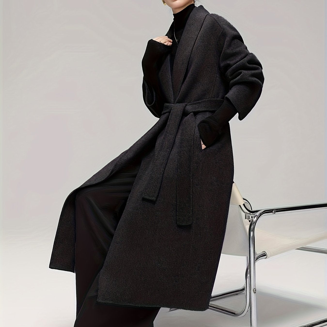 Women's Elegant Scottish Tartan Tweed Coat - Oversized Long Winter Jacket with  & Split Hem, Collar & Pockets, All-Season Black\u002FGrey Coat (Dry Clean Only) - Loose-Fit Trench Coat