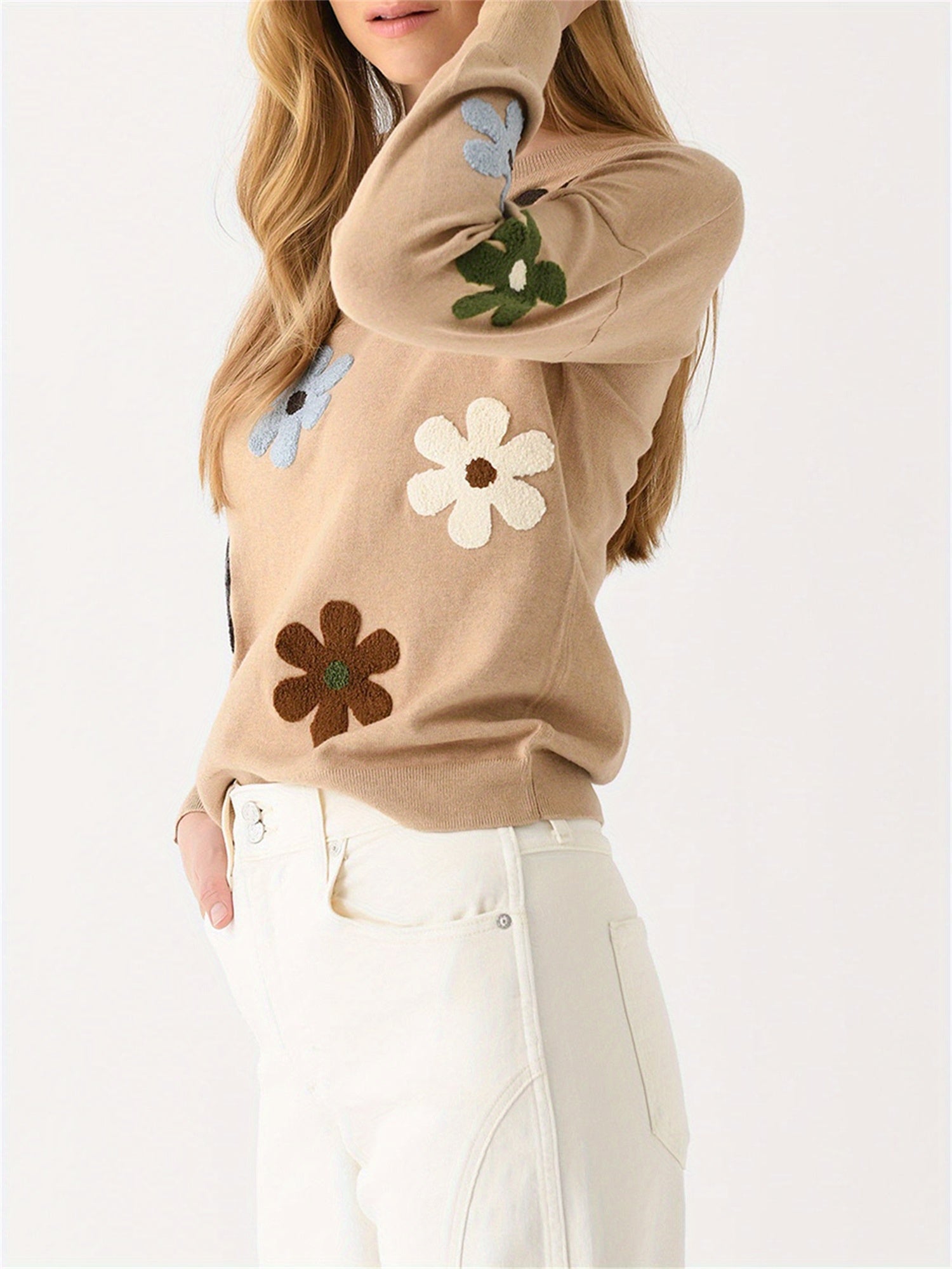 Women'S Cotton-Blend Crew Neck Knit Pullover with Floral Embroidery | Casual Long Sleeve Sweater for Fall\u002FWinter | Fashionable Solid Color Knitwear with Comfortable Fit