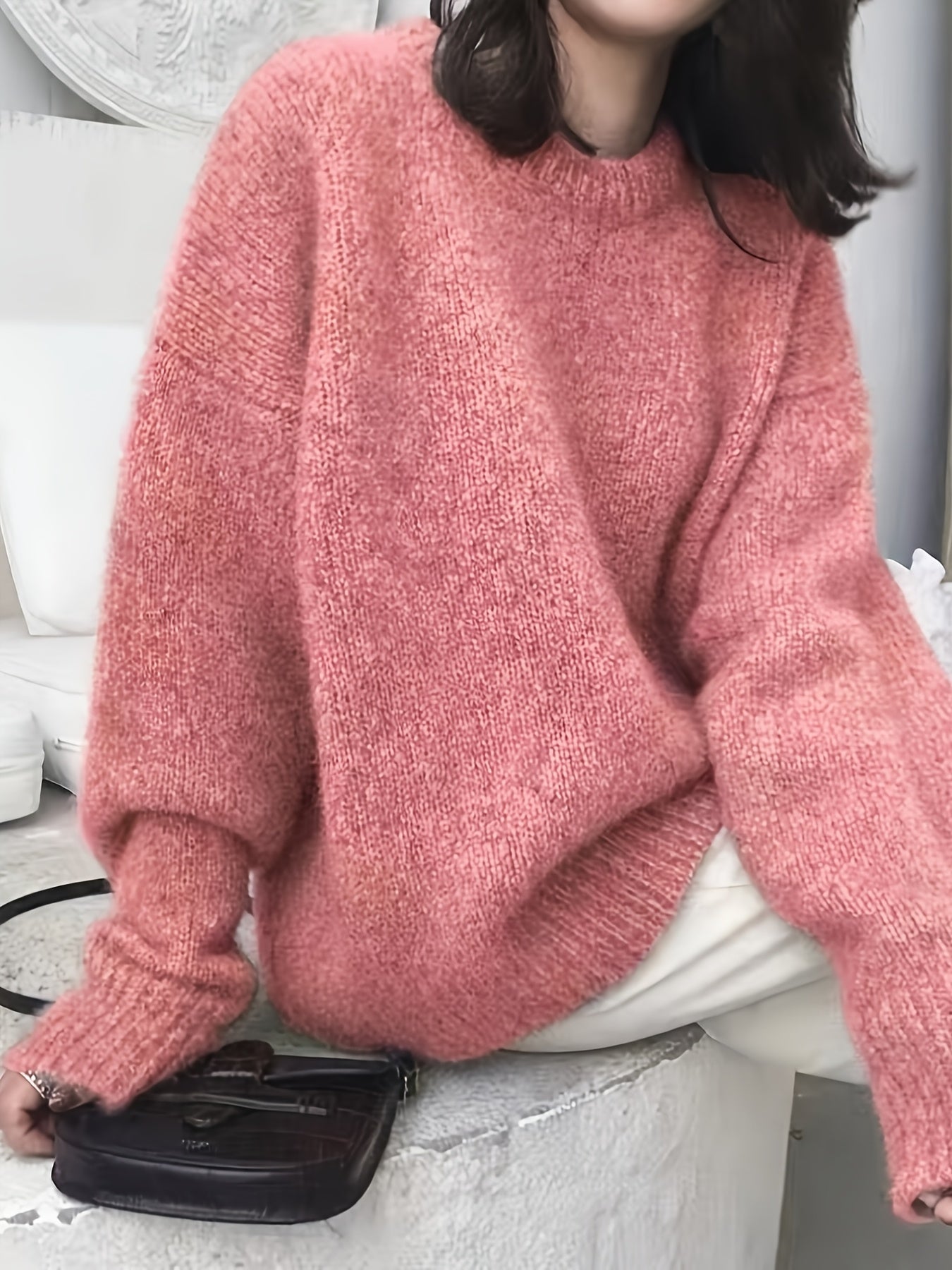 Women'S Elegant Winter Sweater - Soft Round Neck Long Sleeve Pullover with Drop Shoulder | Solid Color Fall\Winter Sweater for Office & Casual Wear, Cozy Sweating Jacket-like Top, Slight Stretch Fabric, Regular Length, No Belt Required - Hand Wash