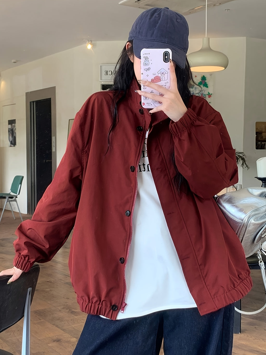 Women's Casual High Neck Jacket - Burgundy Solid Color, Zipper Front Closure, Machine Washable, All-Season Versatile Outerwear for Everyday Comfort & Style, Lightweight Layering, Sleek Silhouette, Quality Stitching, Stylish Coat, Urban Style