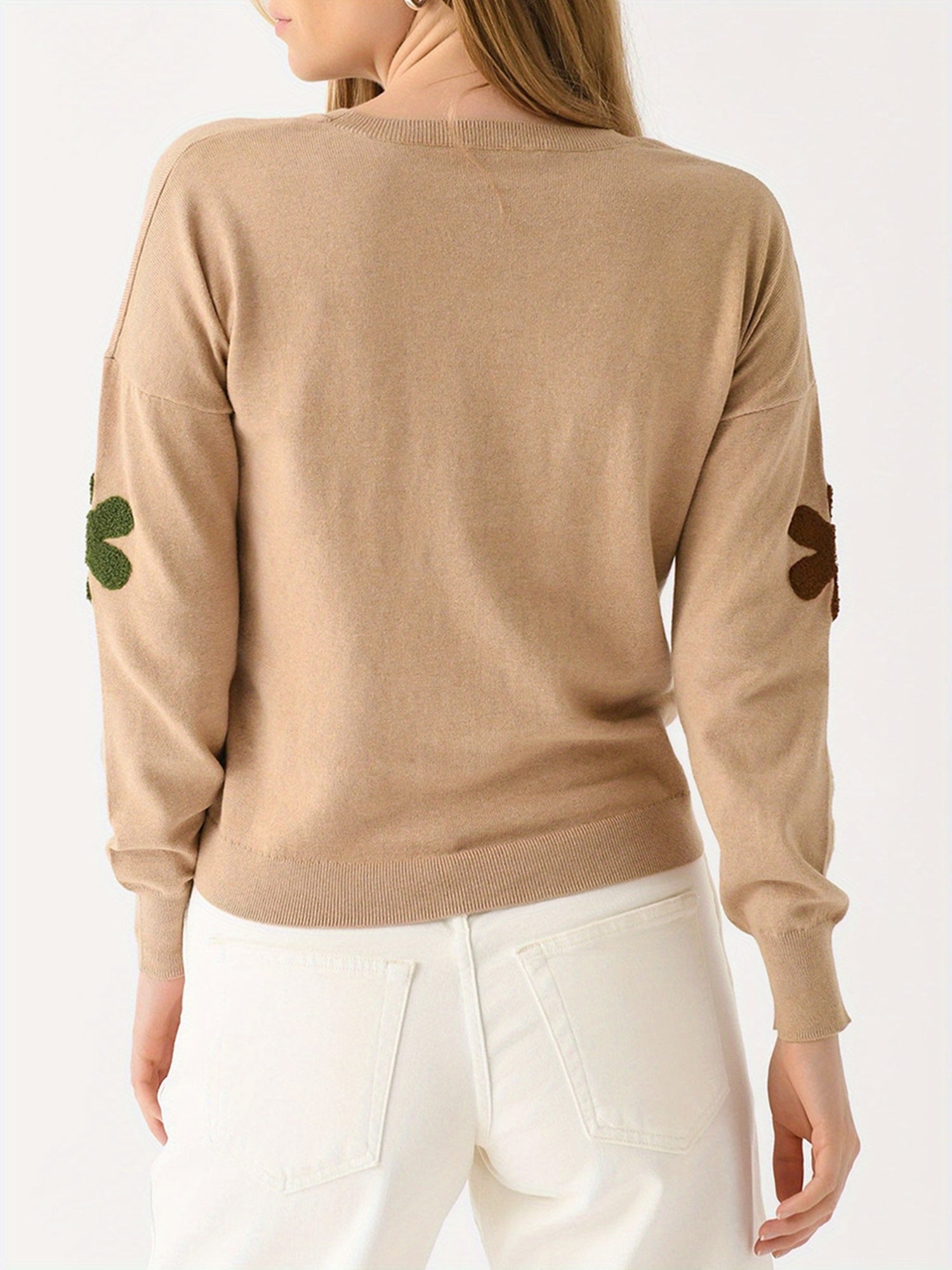 Women'S Cotton-Blend Crew Neck Knit Pullover with Floral Embroidery | Casual Long Sleeve Sweater for Fall\u002FWinter | Fashionable Solid Color Knitwear with Comfortable Fit