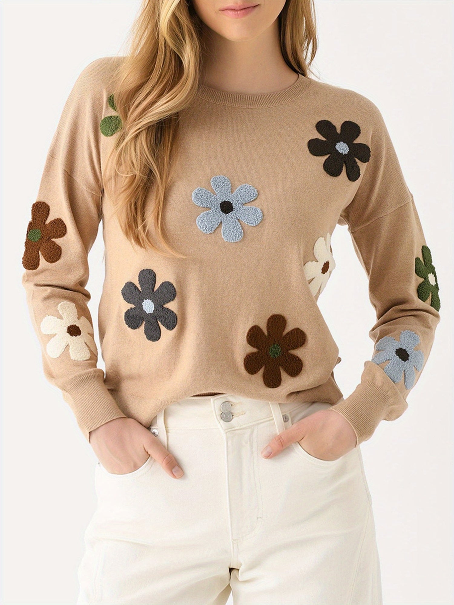Women'S Cotton-Blend Crew Neck Knit Pullover with Floral Embroidery | Casual Long Sleeve Sweater for Fall\u002FWinter | Fashionable Solid Color Knitwear with Comfortable Fit