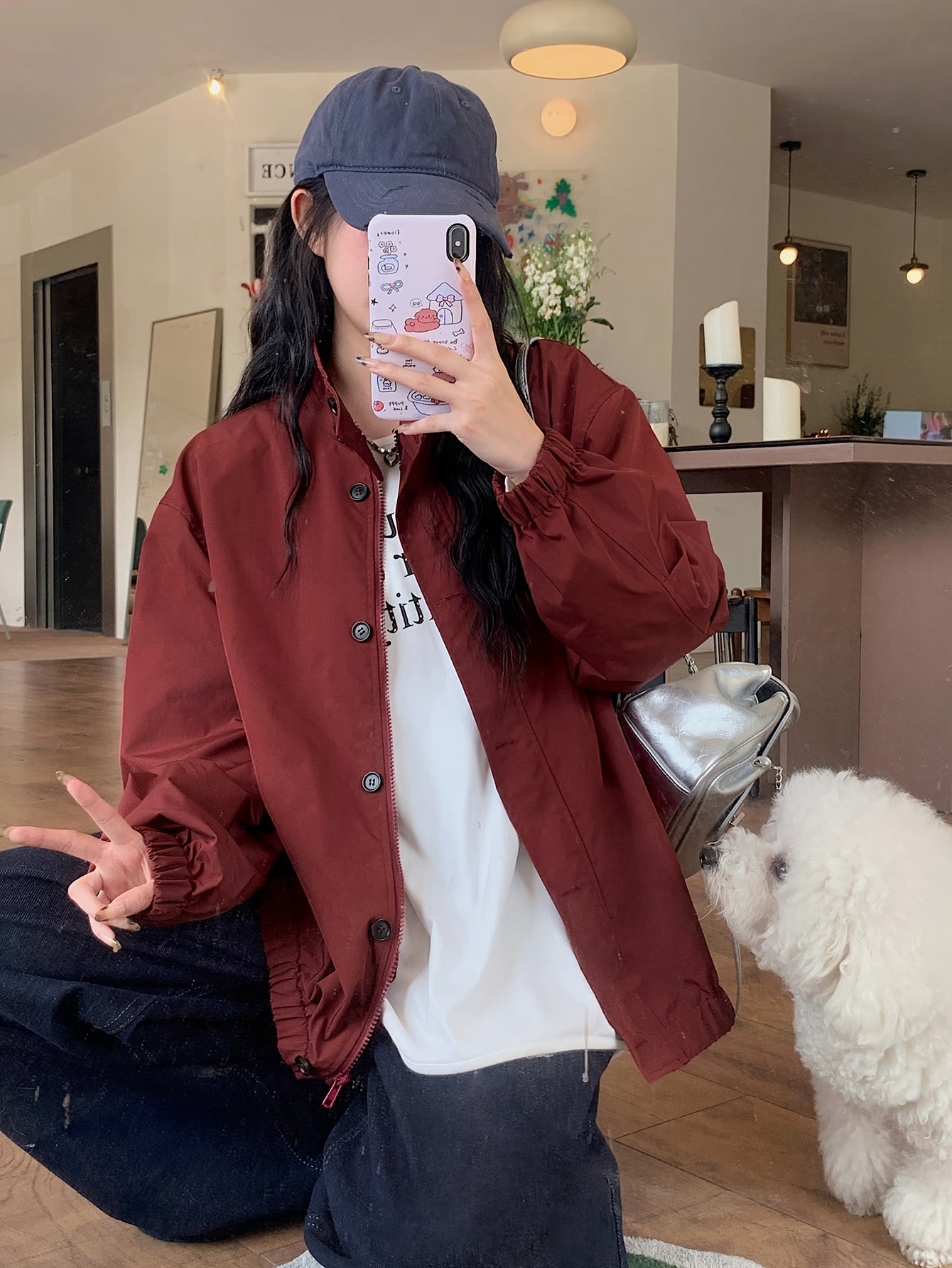 Women's Casual High Neck Jacket - Burgundy Solid Color, Zipper Front Closure, Machine Washable, All-Season Versatile Outerwear for Everyday Comfort & Style, Lightweight Layering, Sleek Silhouette, Quality Stitching, Stylish Coat, Urban Style