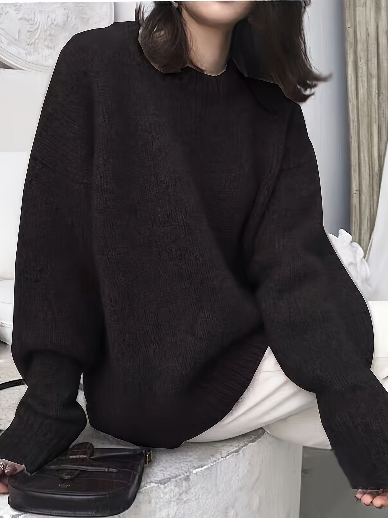 Women'S Elegant Winter Sweater - Soft Round Neck Long Sleeve Pullover with Drop Shoulder | Solid Color Fall\Winter Sweater for Office & Casual Wear, Cozy Sweating Jacket-like Top, Slight Stretch Fabric, Regular Length, No Belt Required - Hand Wash