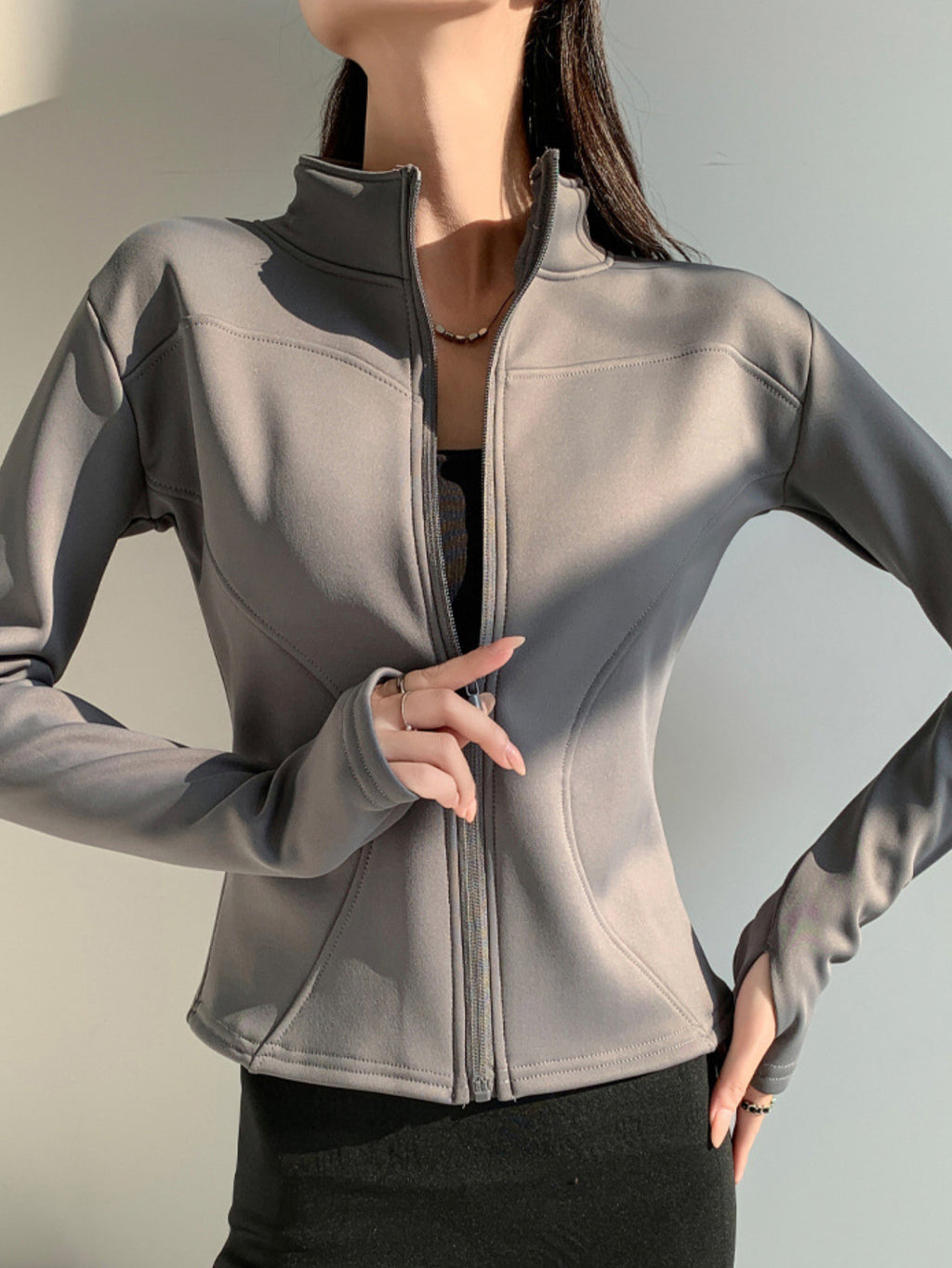 Women'S Grey Stand Collar Zipper Slim-fit Jacket | Sleek Style, Suitable for All Seasons, Ideal for Fitness & Daily Outings