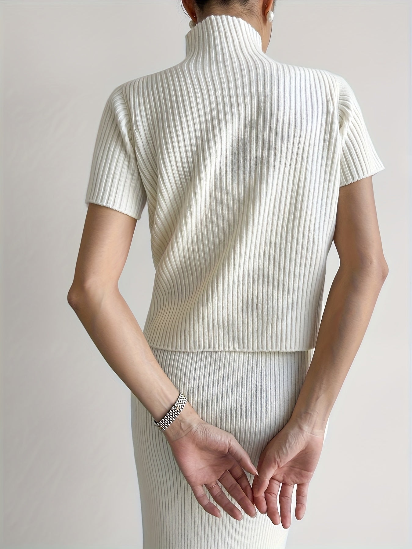 Chic French-Inspired Two-Piece Set - High-Neck Short Sleeve Top & High-Waisted Pleated Skirt with Slit, White, Spring\u002FSummer, Fabric, Stylish Casual Wear|Chic Two-Piece Set| Construction, Dress