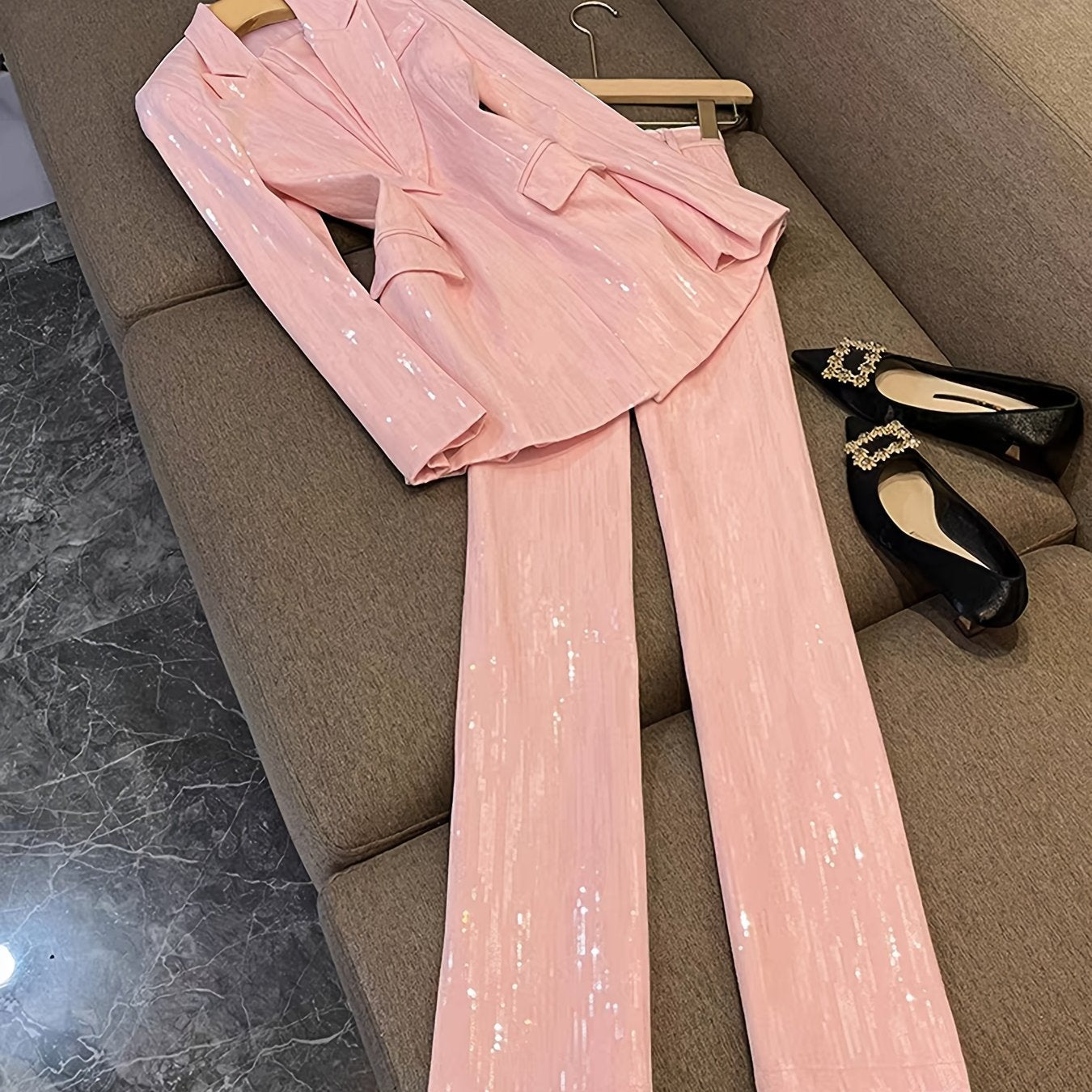 Spring\Autumn Business Office Suit Set in Romantic Pink for Dates, Sparkling Long Sleeve Notched Lapel Blazer Jacket and Long Pants, Suitable for Commuting, Office Business, Parties, Dates, Valentine's Day, Music Festivals, and Important Holidays