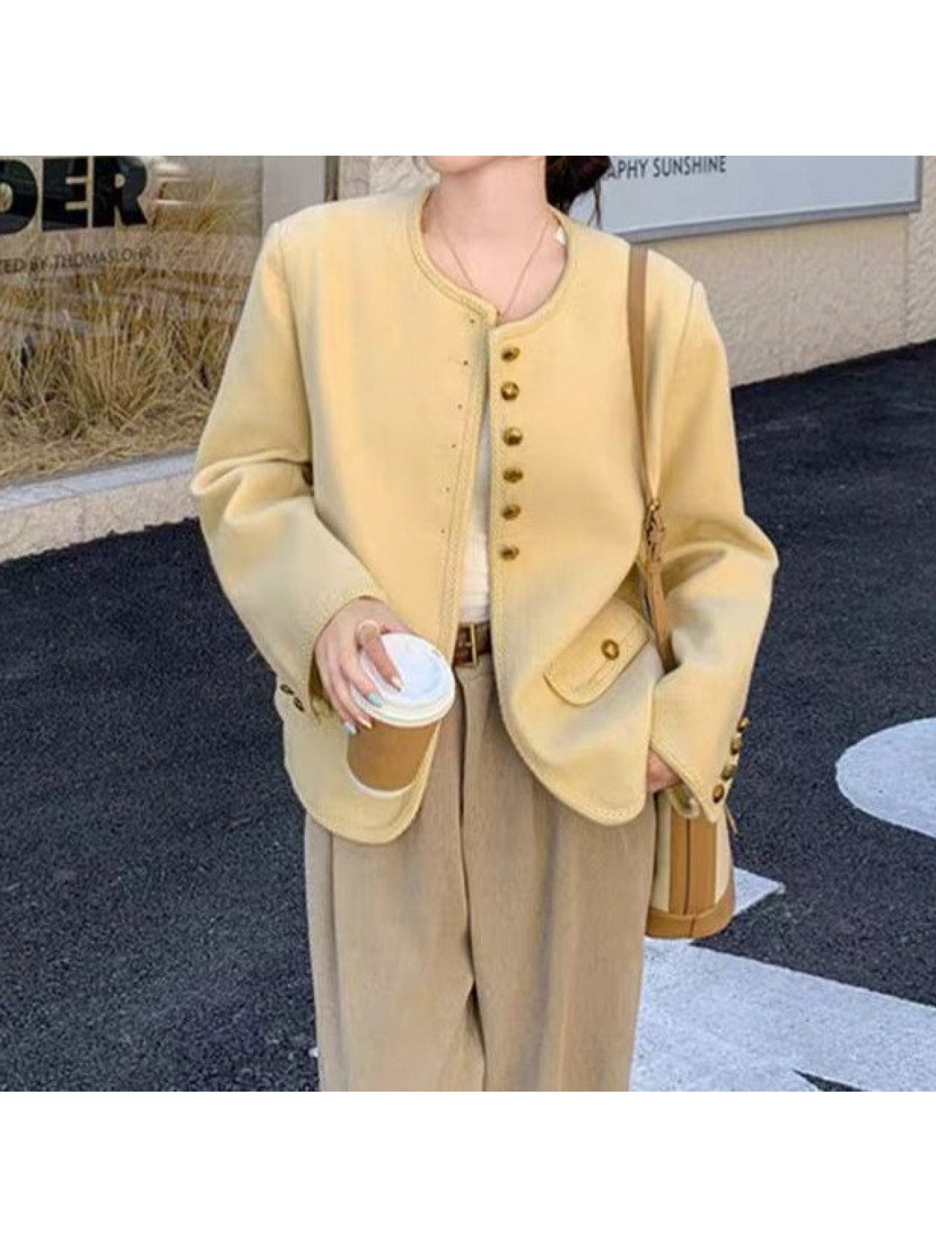 Women'S Elegant Mustard-Yellow Coat - Structured Loose-Fit Long Sleeve Jacket with Single-Breasted Button Front, Textured Tweed-like Fabric for Spring\u002FAutumn Transitional Seasons | Casual to Formal Outfits | 2025 New Design (No Belt Required) | Vers