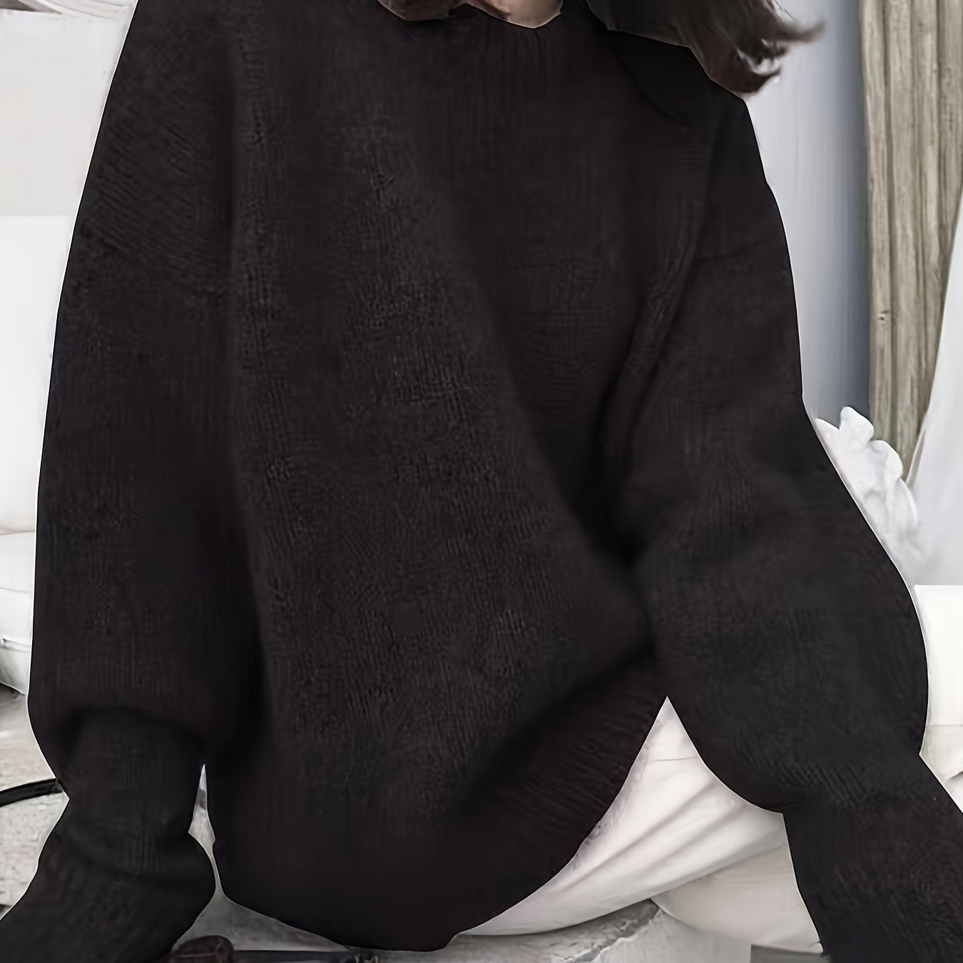 Women'S Elegant Winter Sweater - Soft Round Neck Long Sleeve Pullover with Drop Shoulder | Solid Color Fall\Winter Sweater for Office & Casual Wear, Cozy Sweating Jacket-like Top, Slight Stretch Fabric, Regular Length, No Belt Required - Hand Wash