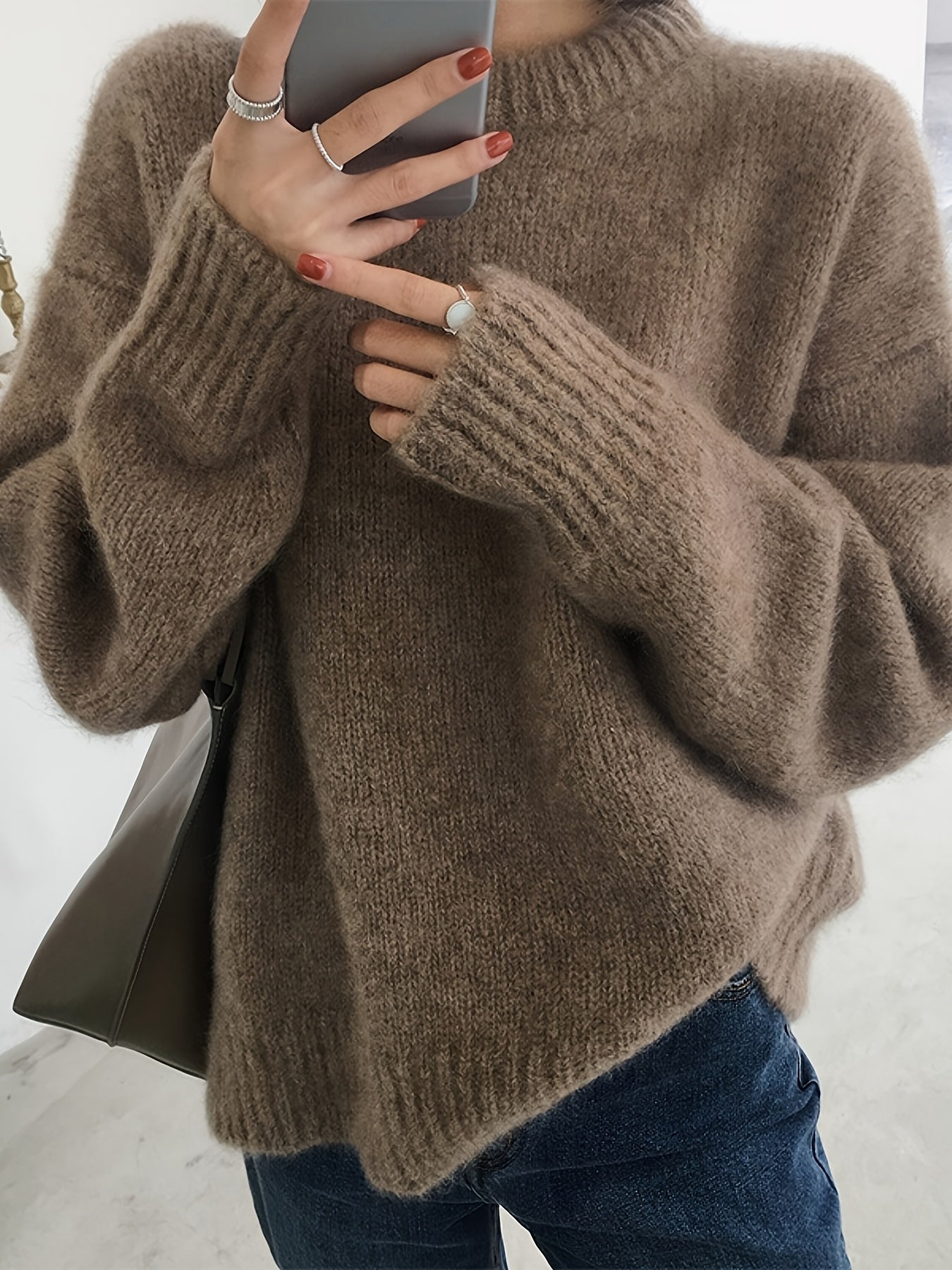 Women'S Elegant Winter Sweater - Soft Round Neck Long Sleeve Pullover with Drop Shoulder | Solid Color Fall\Winter Sweater for Office & Casual Wear, Cozy Sweating Jacket-like Top, Slight Stretch Fabric, Regular Length, No Belt Required - Hand Wash