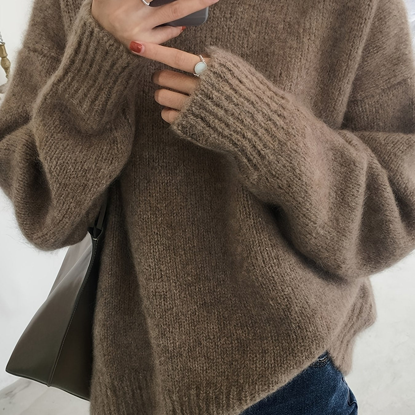 Women'S Elegant Winter Sweater - Soft Round Neck Long Sleeve Pullover with Drop Shoulder | Solid Color Fall\Winter Sweater for Office & Casual Wear, Cozy Sweating Jacket-like Top, Slight Stretch Fabric, Regular Length, No Belt Required - Hand Wash