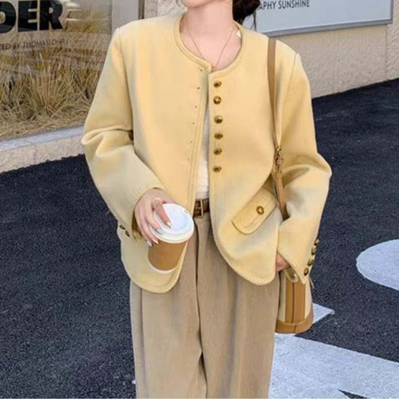 Women'S Elegant Mustard-Yellow Coat - Structured Loose-Fit Long Sleeve Jacket with Single-Breasted Button Front, Textured Tweed-like Fabric for Spring\u002FAutumn Transitional Seasons | Casual to Formal Outfits | 2025 New Design (No Belt Required) | Vers