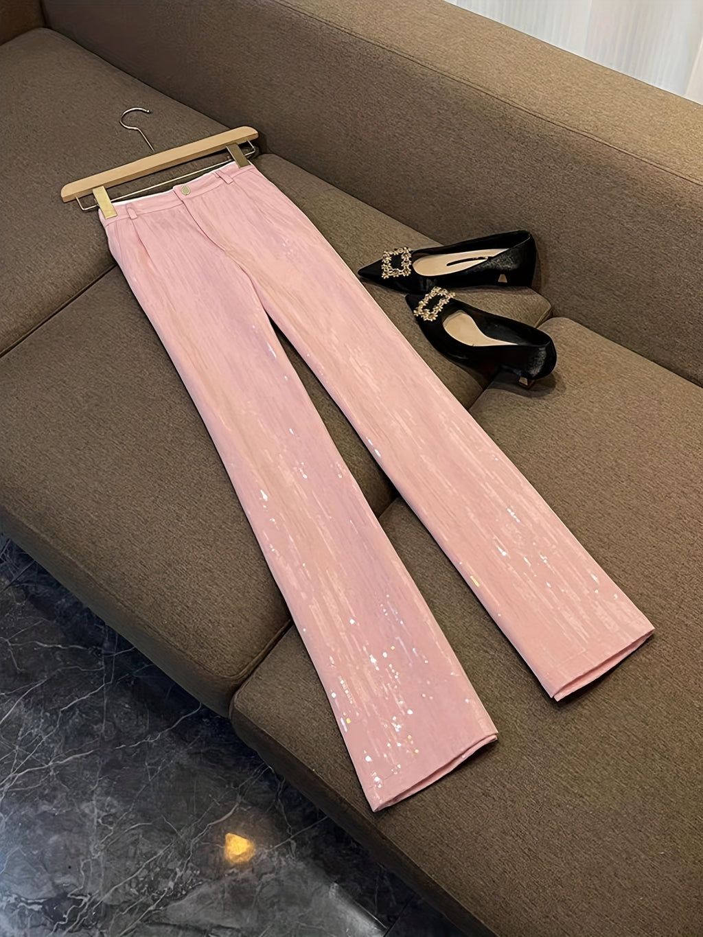 Spring\Autumn Business Office Suit Set in Romantic Pink for Dates, Sparkling Long Sleeve Notched Lapel Blazer Jacket and Long Pants, Suitable for Commuting, Office Business, Parties, Dates, Valentine's Day, Music Festivals, and Important Holidays