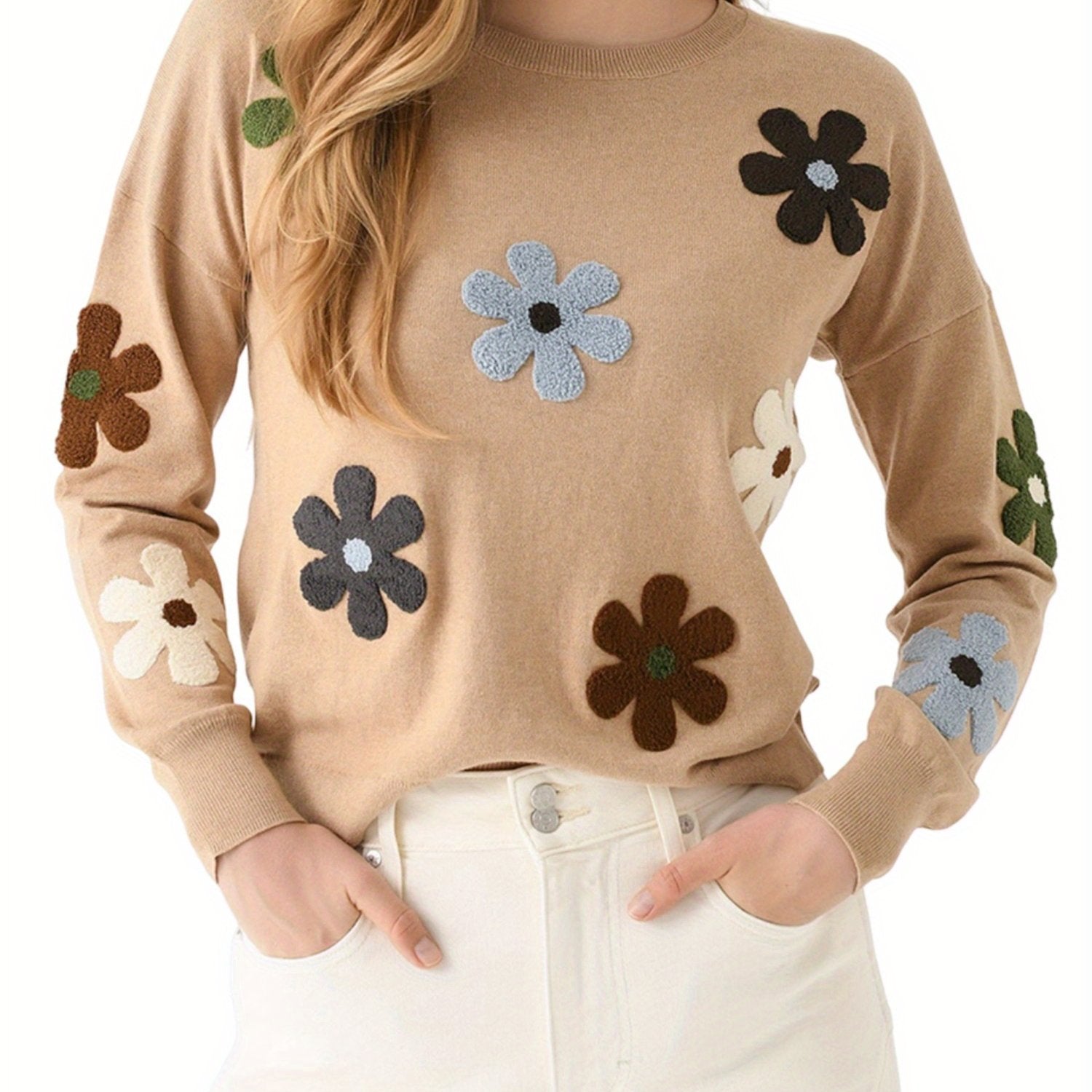 Women'S Cotton-Blend Crew Neck Knit Pullover with Floral Embroidery | Casual Long Sleeve Sweater for Fall\u002FWinter | Fashionable Solid Color Knitwear with Comfortable Fit