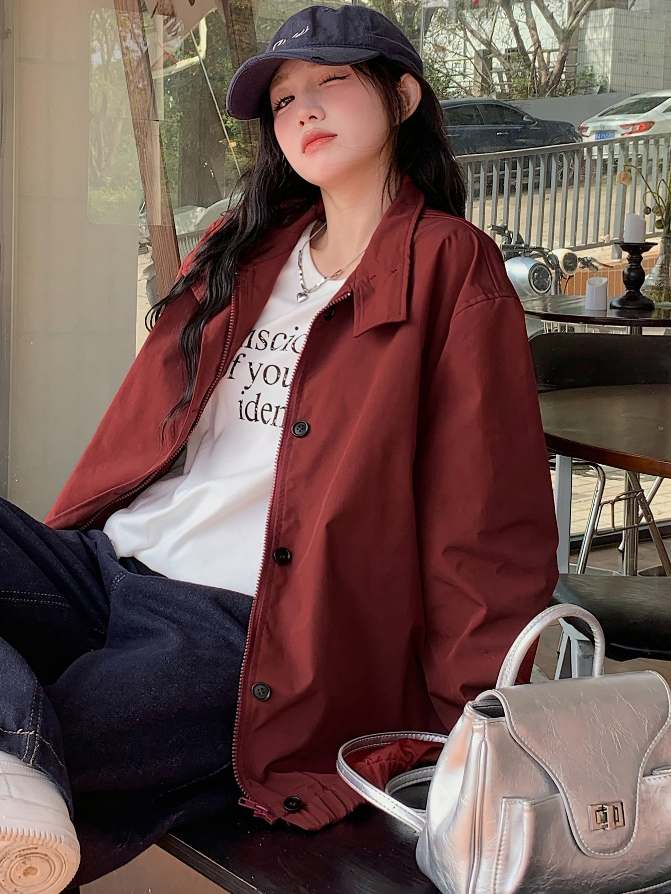 Women's Casual High Neck Jacket - Burgundy Solid Color, Zipper Front Closure, Machine Washable, All-Season Versatile Outerwear for Everyday Comfort & Style, Lightweight Layering, Sleek Silhouette, Quality Stitching, Stylish Coat, Urban Style