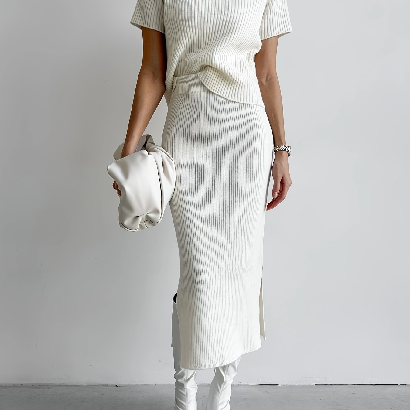 Chic French-Inspired Two-Piece Set - High-Neck Short Sleeve Top & High-Waisted Pleated Skirt with Slit, White, Spring\u002FSummer, Fabric, Stylish Casual Wear|Chic Two-Piece Set| Construction, Dress