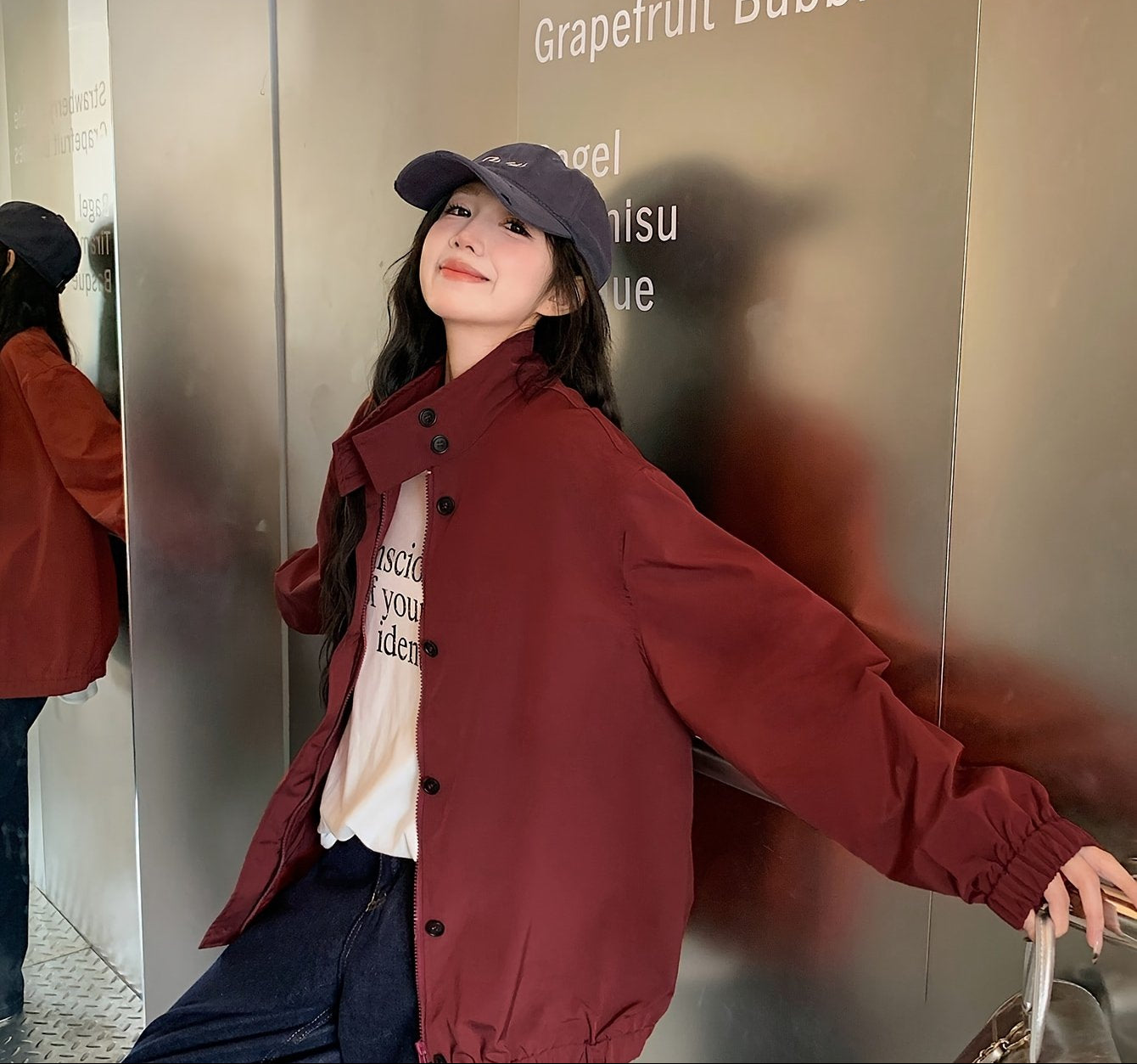 Women's Casual High Neck Jacket - Burgundy Solid Color, Zipper Front Closure, Machine Washable, All-Season Versatile Outerwear for Everyday Comfort & Style, Lightweight Layering, Sleek Silhouette, Quality Stitching, Stylish Coat, Urban Style