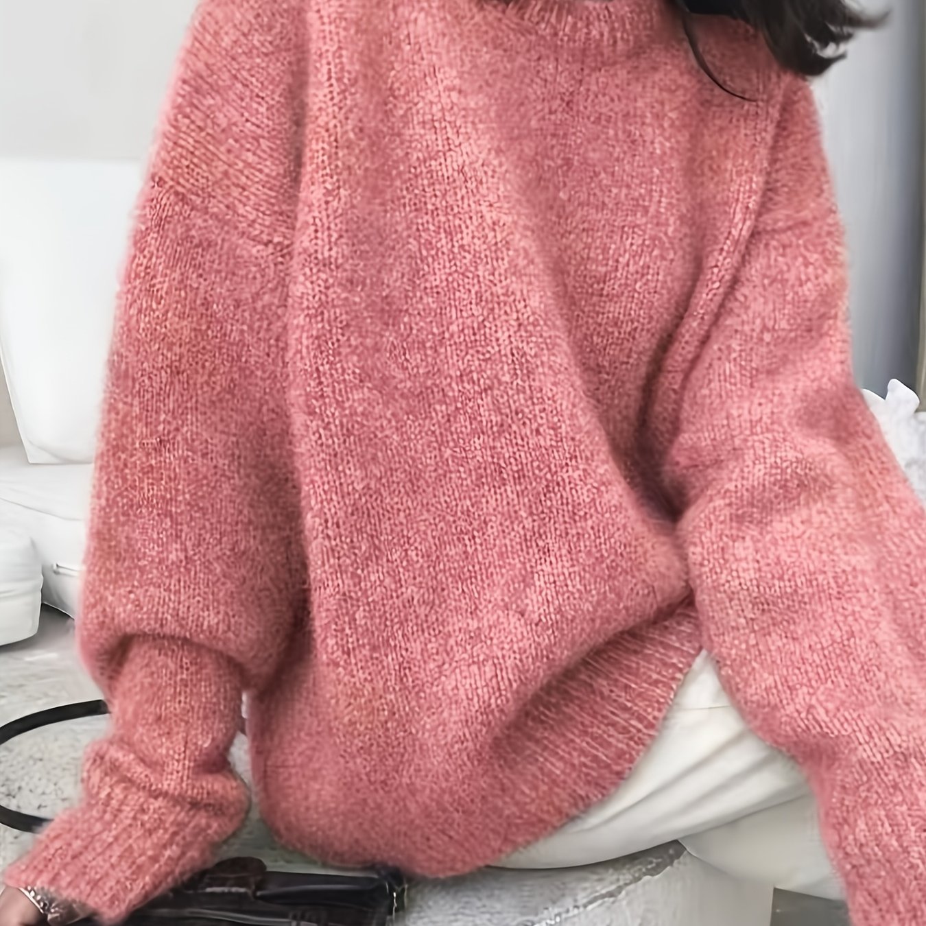 Women'S Elegant Winter Sweater - Soft Round Neck Long Sleeve Pullover with Drop Shoulder | Solid Color Fall\Winter Sweater for Office & Casual Wear, Cozy Sweating Jacket-like Top, Slight Stretch Fabric, Regular Length, No Belt Required - Hand Wash