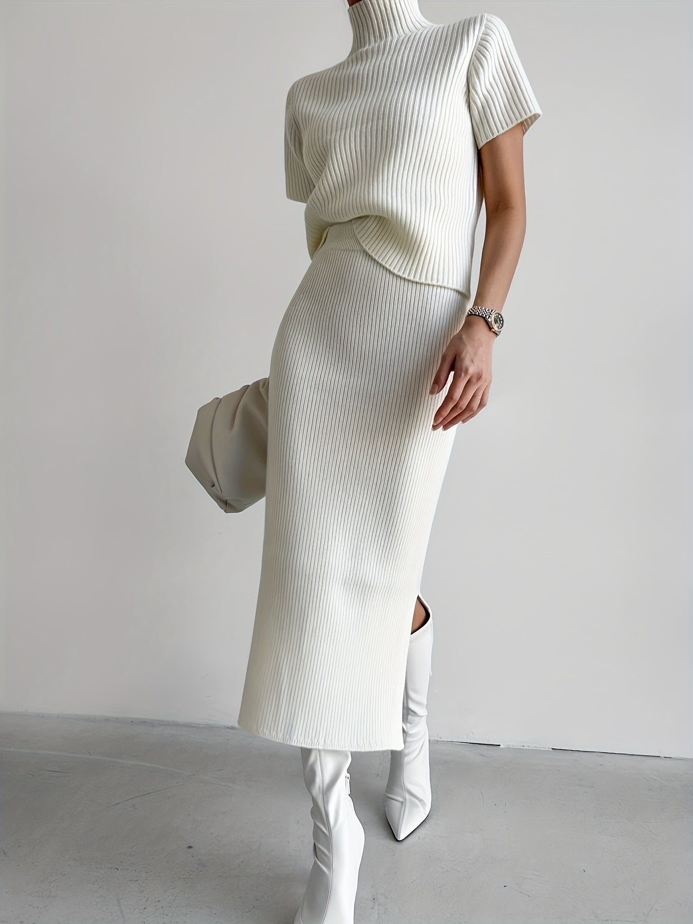 Chic French-Inspired Two-Piece Set - High-Neck Short Sleeve Top & High-Waisted Pleated Skirt with Slit, White, Spring\u002FSummer, Fabric, Stylish Casual Wear|Chic Two-Piece Set| Construction, Dress