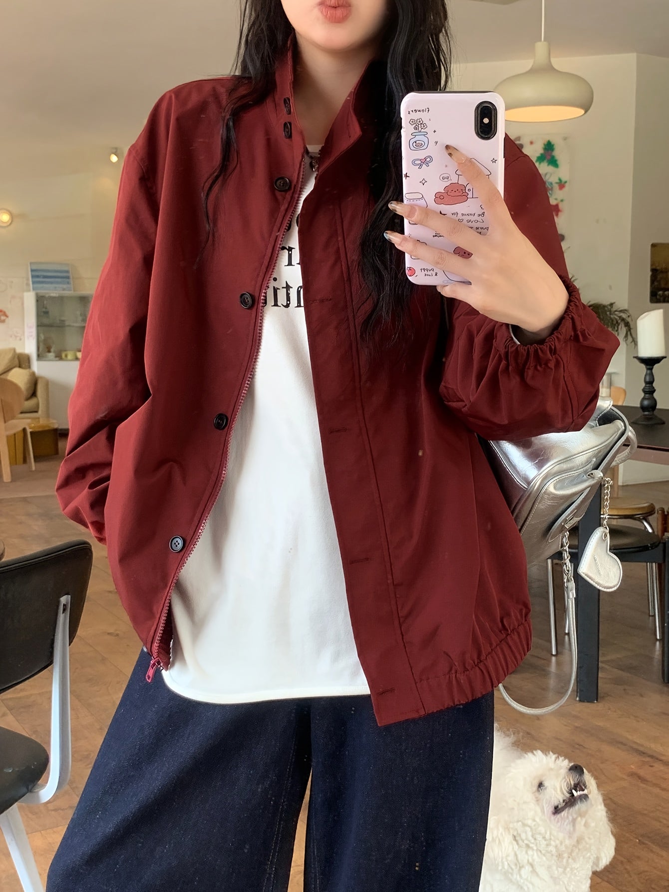 Women's Casual High Neck Jacket - Burgundy Solid Color, Zipper Front Closure, Machine Washable, All-Season Versatile Outerwear for Everyday Comfort & Style, Lightweight Layering, Sleek Silhouette, Quality Stitching, Stylish Coat, Urban Style