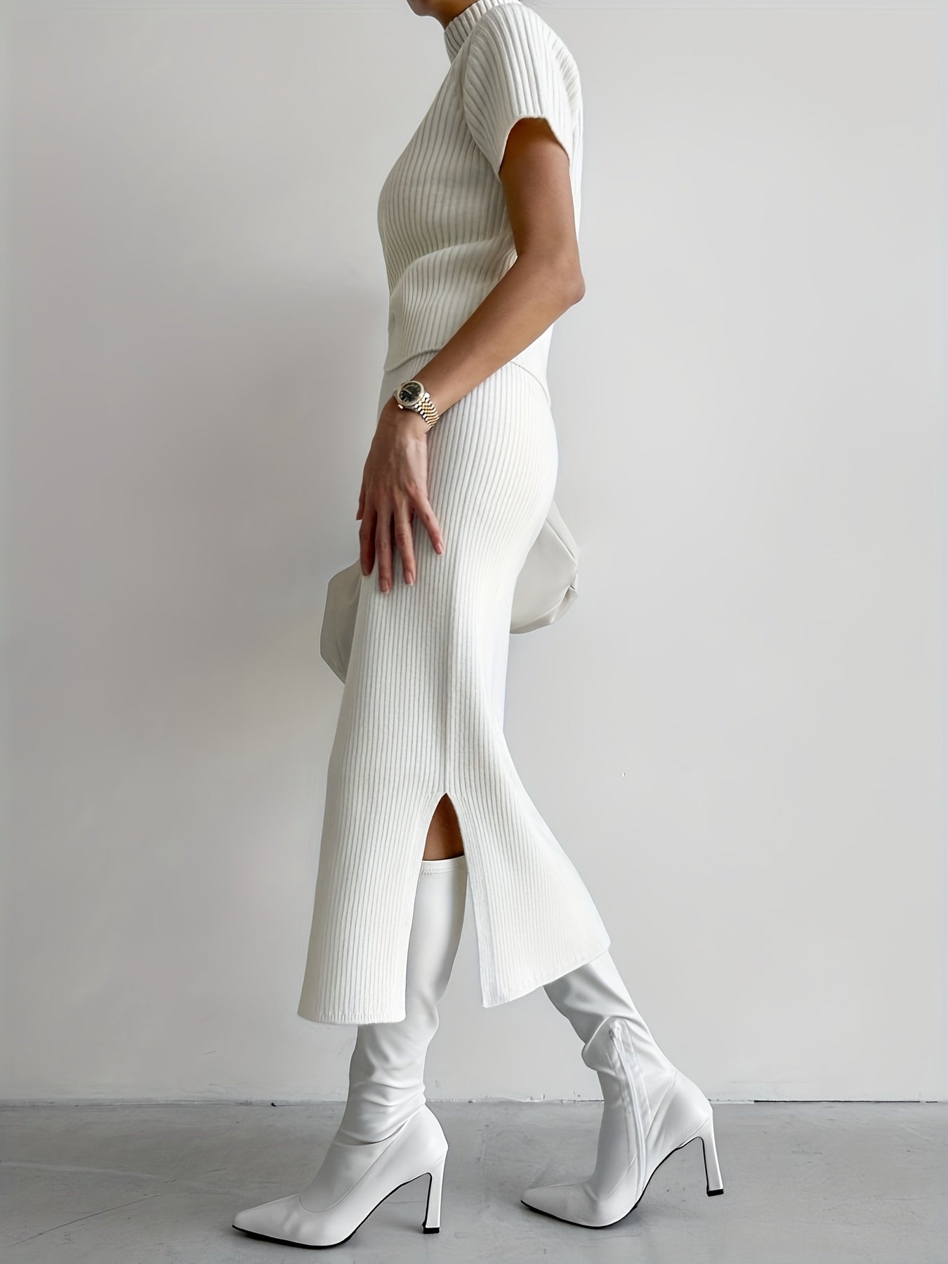 Chic French-Inspired Two-Piece Set - High-Neck Short Sleeve Top & High-Waisted Pleated Skirt with Slit, White, Spring\u002FSummer, Fabric, Stylish Casual Wear|Chic Two-Piece Set| Construction, Dress