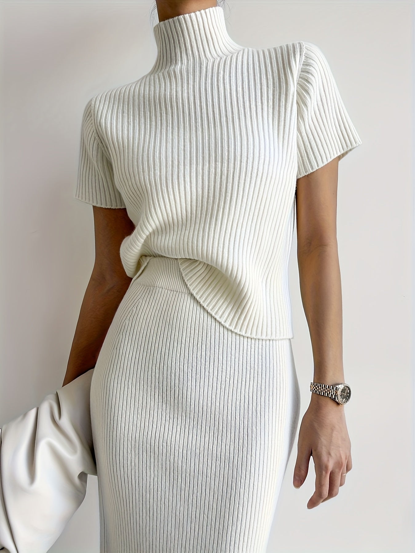 Chic French-Inspired Two-Piece Set - High-Neck Short Sleeve Top & High-Waisted Pleated Skirt with Slit, White, Spring\u002FSummer, Fabric, Stylish Casual Wear|Chic Two-Piece Set| Construction, Dress