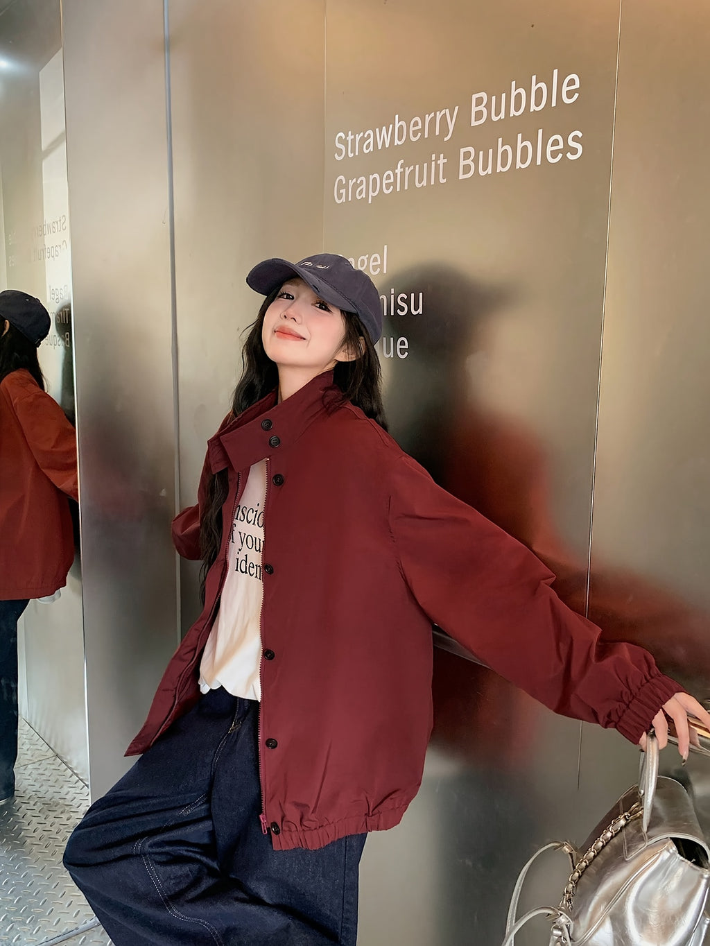 Women's Casual High Neck Jacket - Burgundy Solid Color, Zipper Front Closure, Machine Washable, All-Season Versatile Outerwear for Everyday Comfort & Style, Lightweight Layering, Sleek Silhouette, Quality Stitching, Stylish Coat, Urban Style