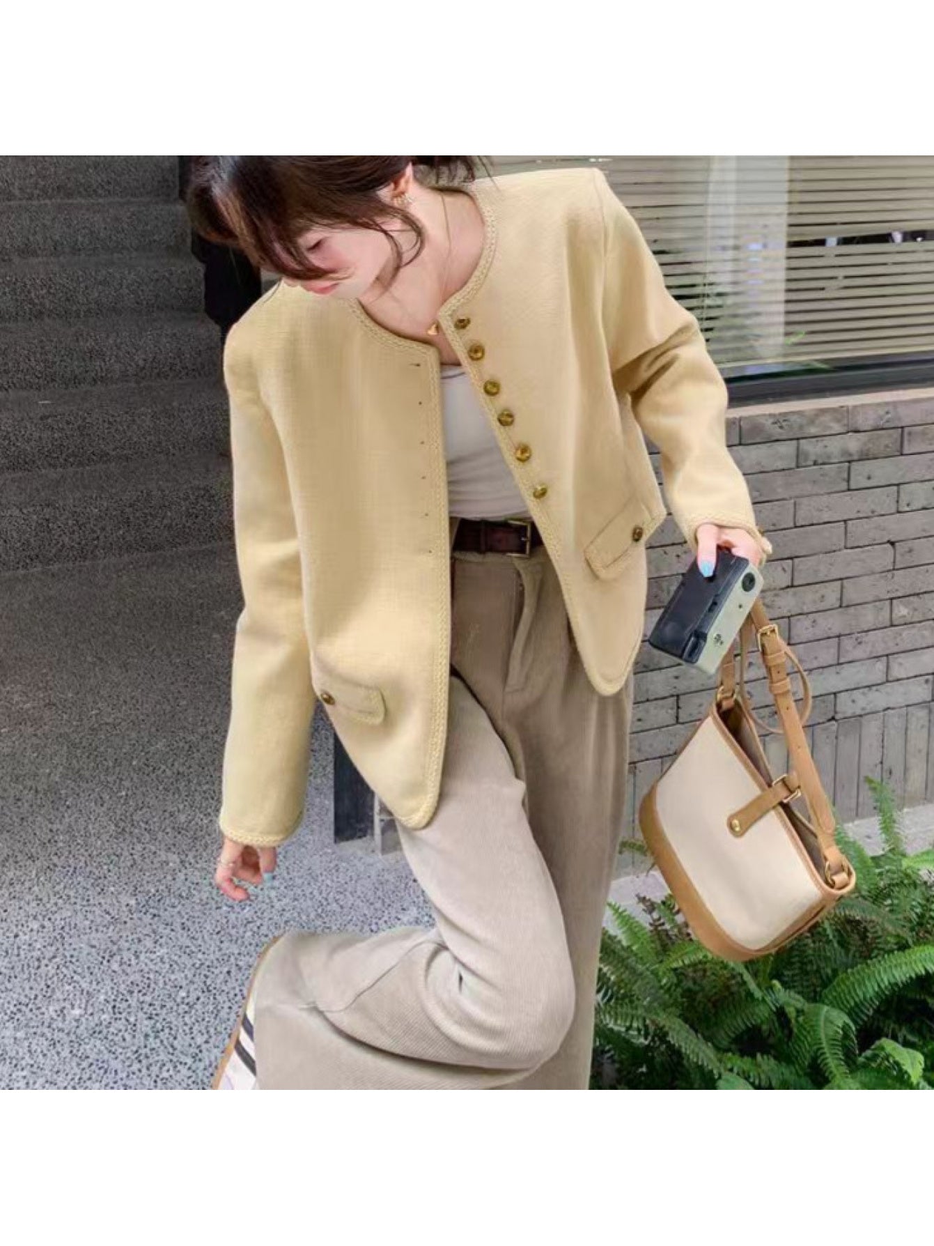 Women'S Elegant Mustard-Yellow Coat - Structured Loose-Fit Long Sleeve Jacket with Single-Breasted Button Front, Textured Tweed-like Fabric for Spring\u002FAutumn Transitional Seasons | Casual to Formal Outfits | 2025 New Design (No Belt Required) | Vers