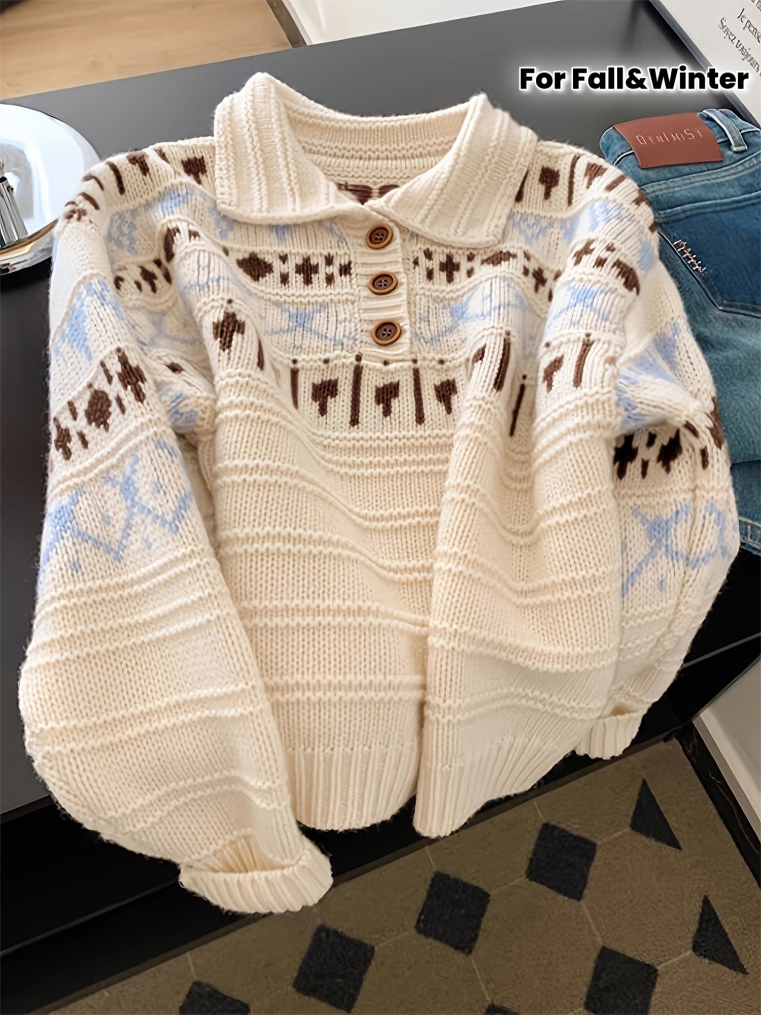 Fair Island Retro Collar Sweater for Women - Thick, Loose-Fit, Versatile Cardigan for Autumn and Winter