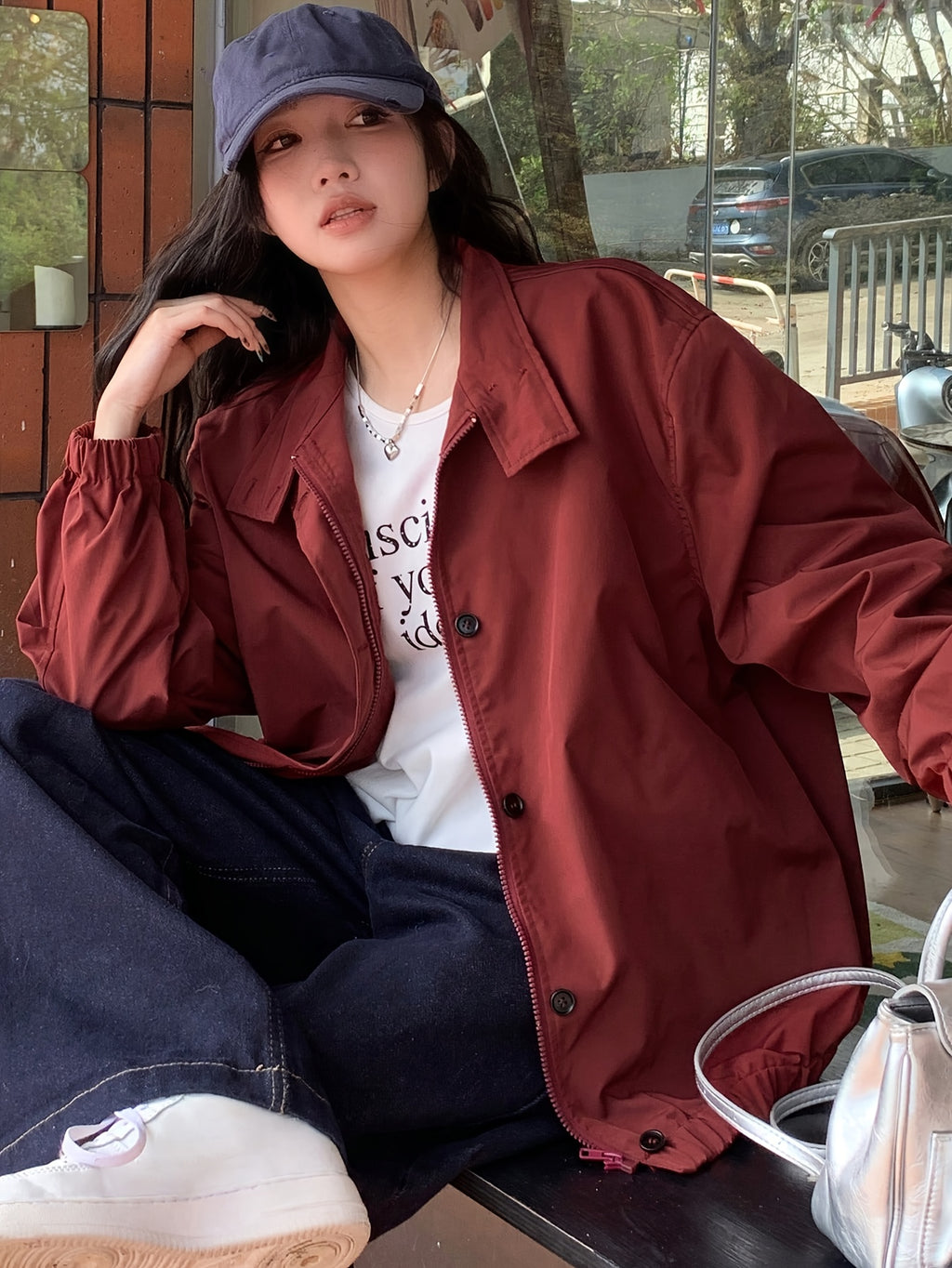 Women's Casual High Neck Jacket - Burgundy Solid Color, Zipper Front Closure, Machine Washable, All-Season Versatile Outerwear for Everyday Comfort & Style, Lightweight Layering, Sleek Silhouette, Quality Stitching, Stylish Coat, Urban Style