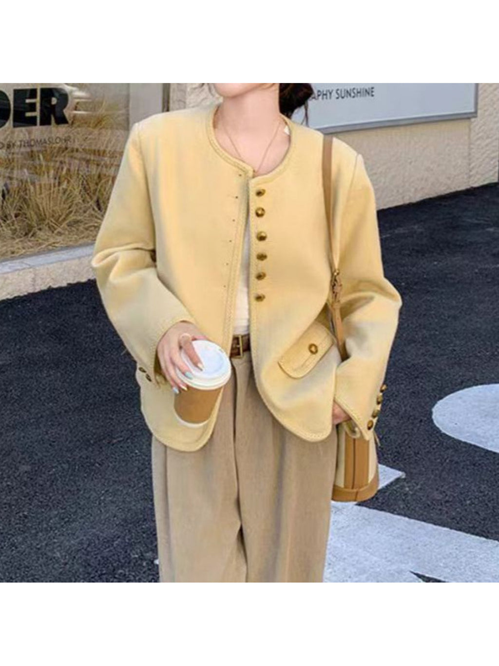 Women'S Elegant Mustard-Yellow Coat - Structured Loose-Fit Long Sleeve Jacket with Single-Breasted Button Front, Textured Tweed-like Fabric for Spring\u002FAutumn Transitional Seasons | Casual to Formal Outfits | 2025 New Design (No Belt Required) | Vers