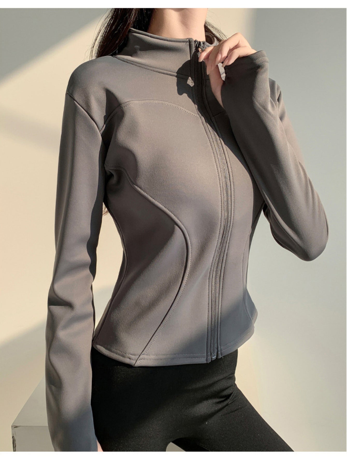 Women'S Grey Stand Collar Zipper Slim-fit Jacket | Sleek Style, Suitable for All Seasons, Ideal for Fitness & Daily Outings