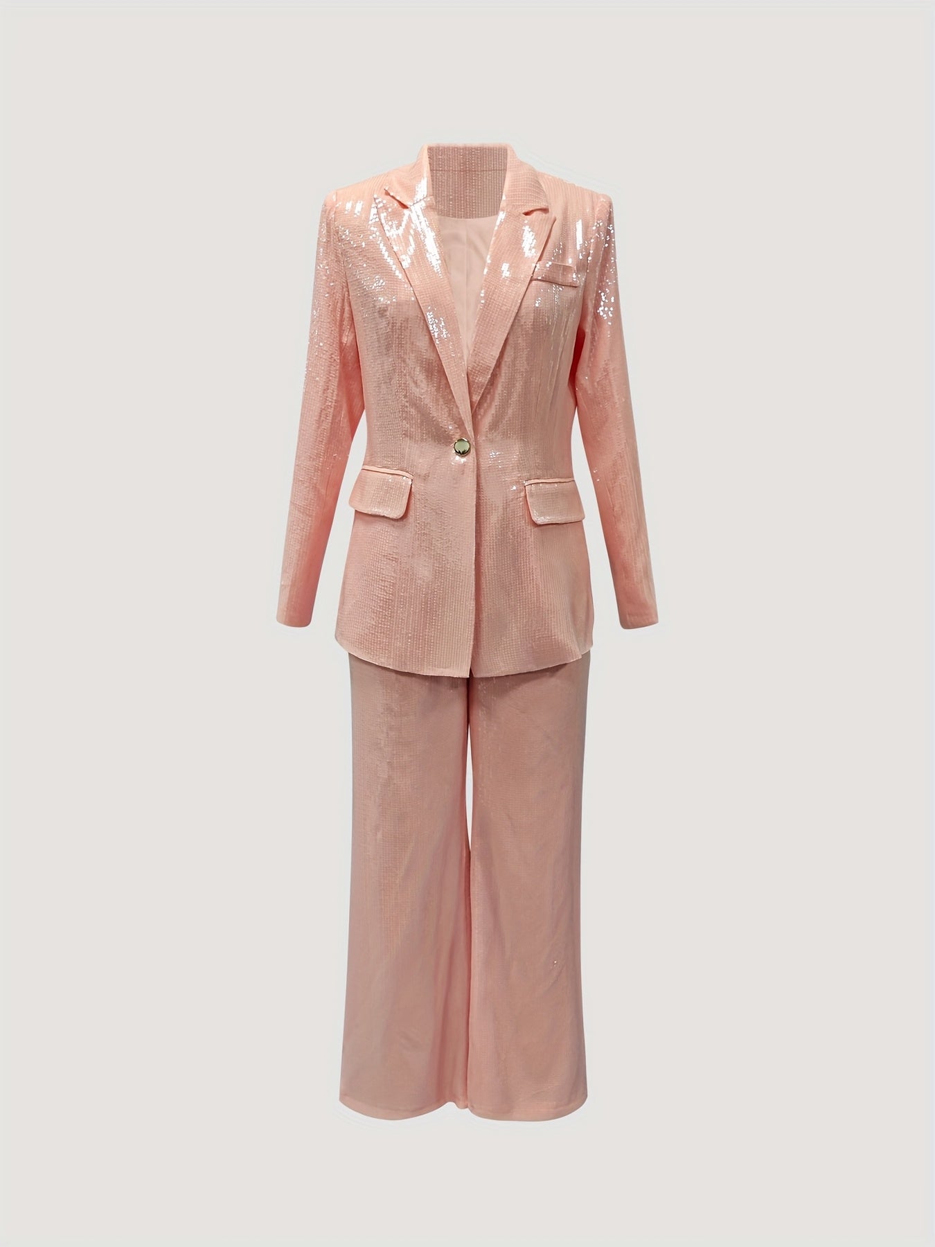 Spring\Autumn Business Office Suit Set in Romantic Pink for Dates, Sparkling Long Sleeve Notched Lapel Blazer Jacket and Long Pants, Suitable for Commuting, Office Business, Parties, Dates, Valentine's Day, Music Festivals, and Important Holidays