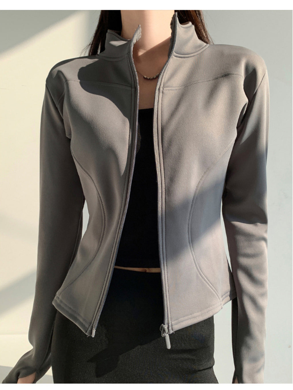 Women'S Grey Stand Collar Zipper Slim-fit Jacket | Sleek Style, Suitable for All Seasons, Ideal for Fitness & Daily Outings