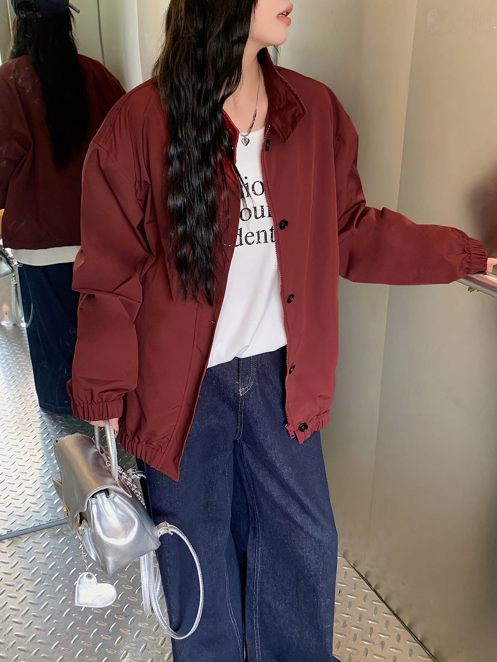 Women's Casual High Neck Jacket - Burgundy Solid Color, Zipper Front Closure, Machine Washable, All-Season Versatile Outerwear for Everyday Comfort & Style, Lightweight Layering, Sleek Silhouette, Quality Stitching, Stylish Coat, Urban Style