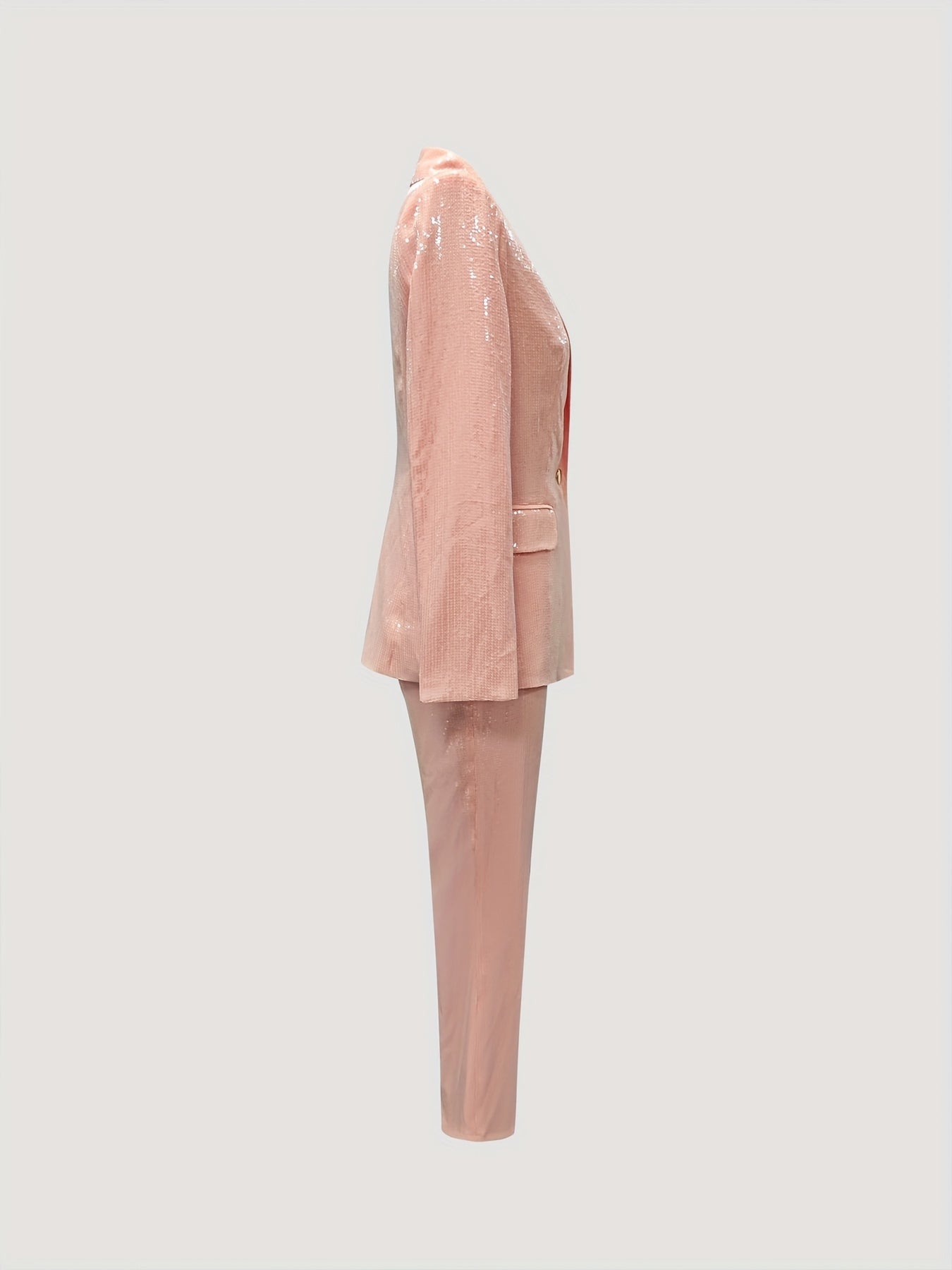 Spring\Autumn Business Office Suit Set in Romantic Pink for Dates, Sparkling Long Sleeve Notched Lapel Blazer Jacket and Long Pants, Suitable for Commuting, Office Business, Parties, Dates, Valentine's Day, Music Festivals, and Important Holidays